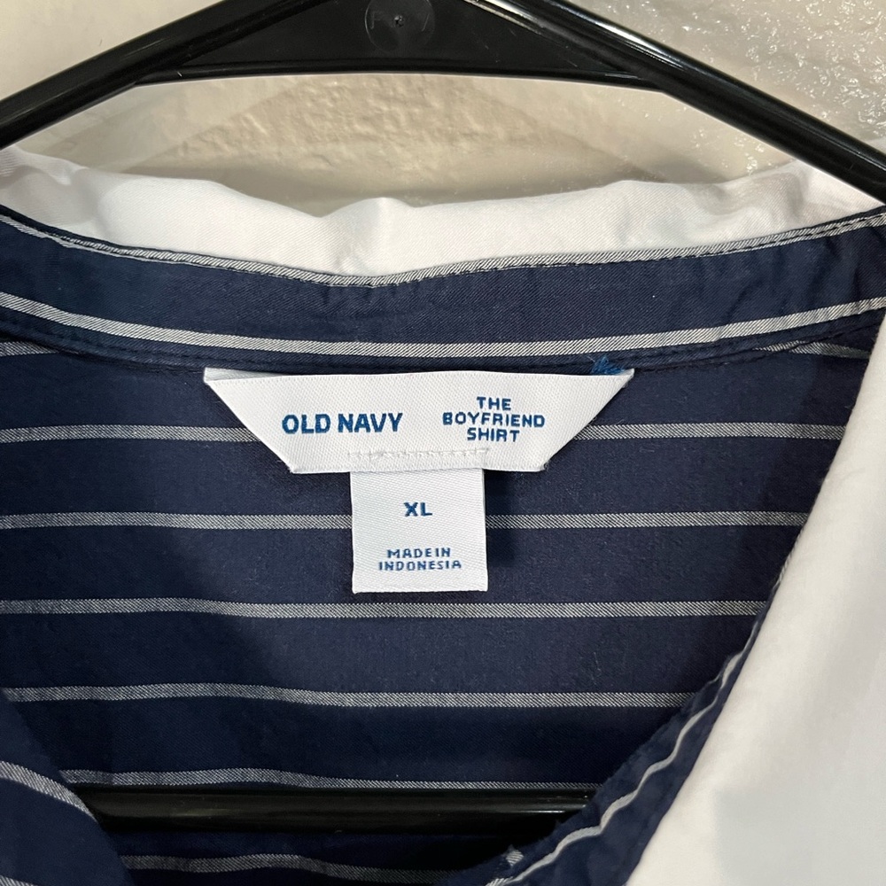 Old Navy Navy Pinstripe Button-Down Boy Friend Shirt White Collar Cuffs Sz XL - Picture 2 of 6